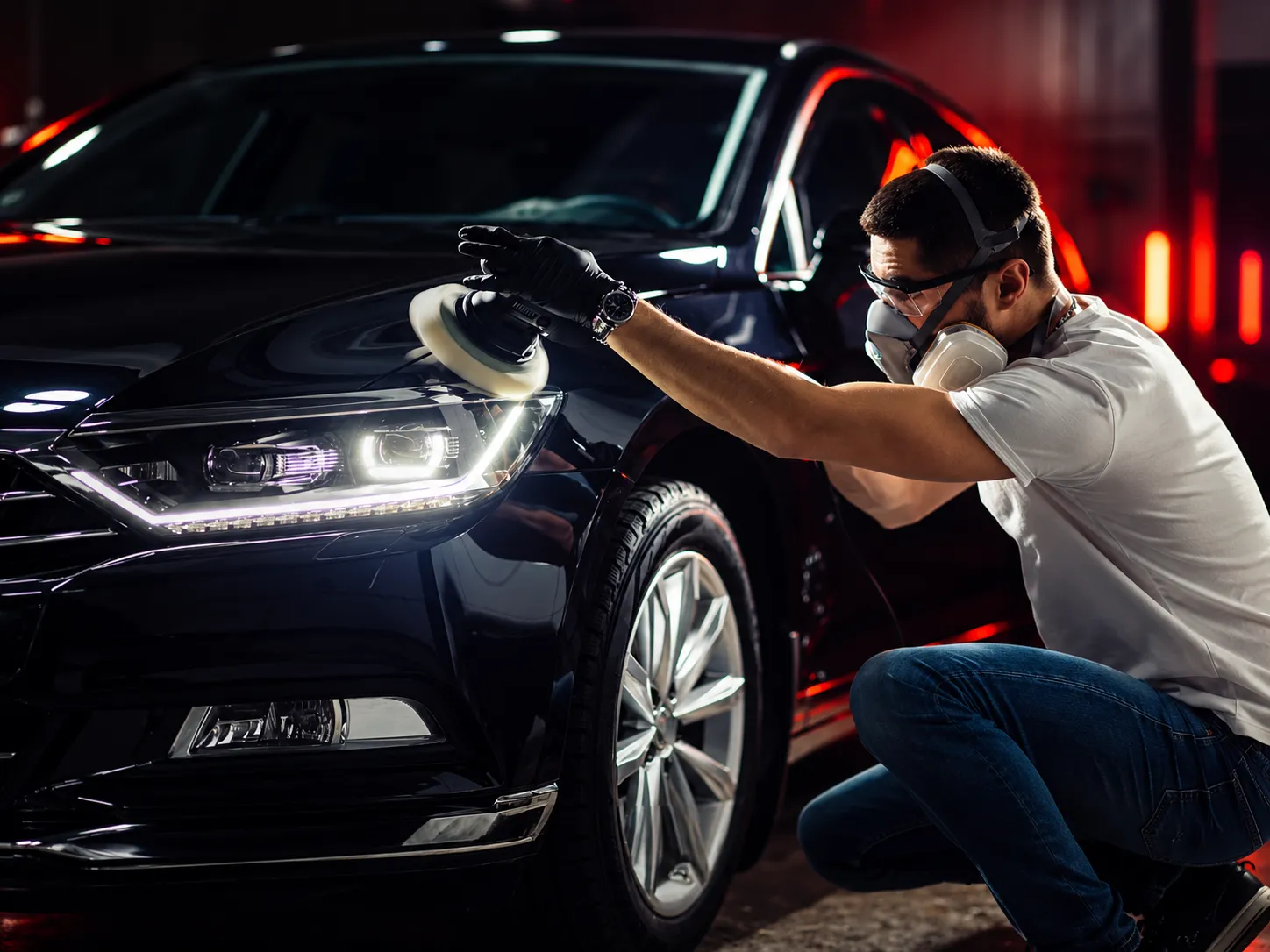 Técnico com EPI polindo a pintura de um sedã preto com politriz, brilho intenso, close-up detalhado, fotografia automotiva profissional